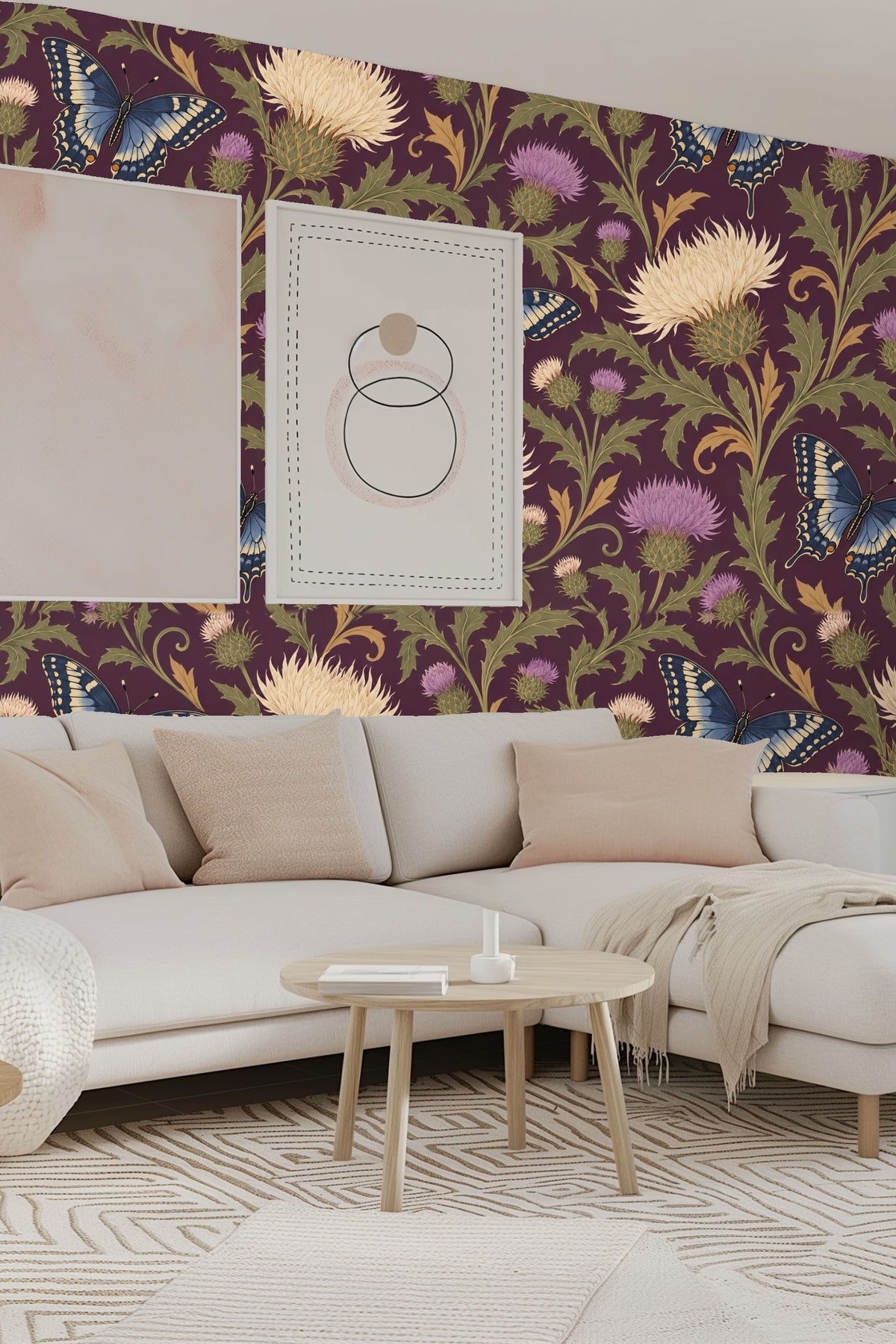 Illustrative style of thistle leaves and flowers in muted natural tones