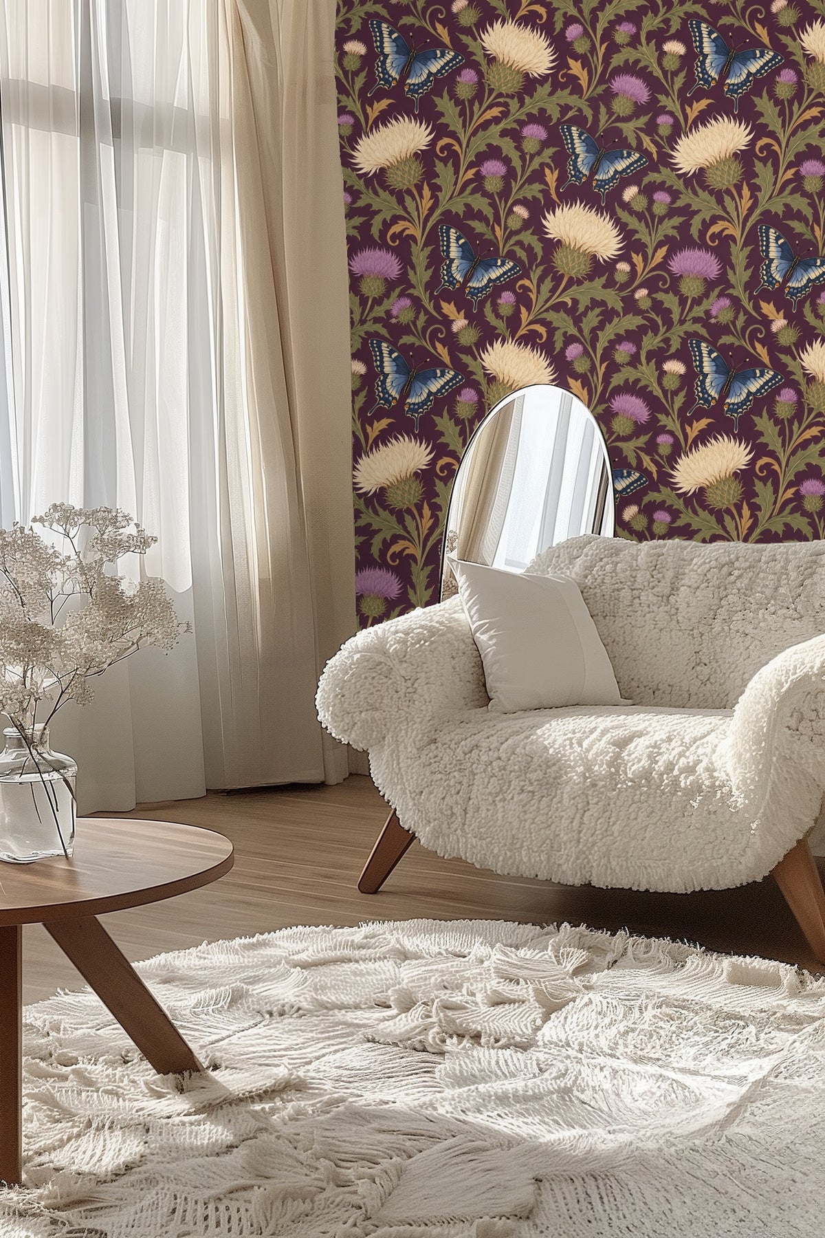 Bedroom headboard against a Thistle & Swallowtail wallpaper wall with butterfly and thistle motif