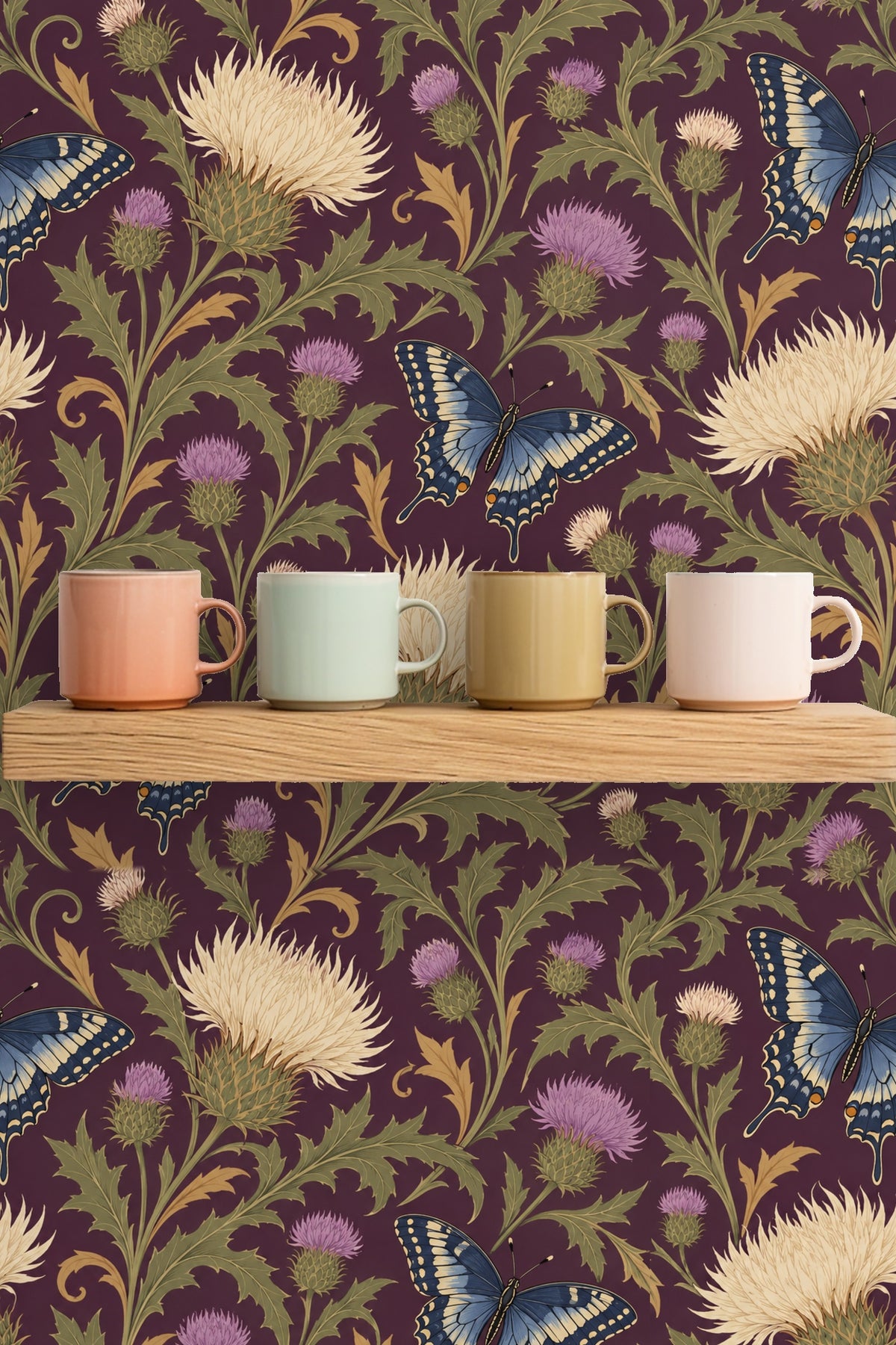 Cluster of thistle blooms with spiky green leaves and soft petals on wallpaper