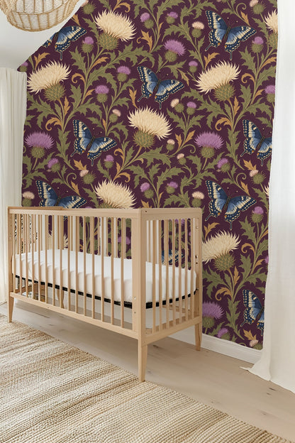 Detail of blue swallowtail butterfly perched on thistle blossom in wallpaper