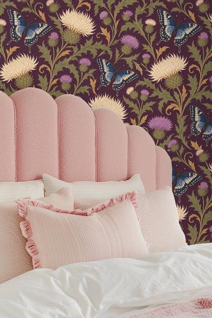 Lavender and cream thistle flowers blooming in wallpaper design