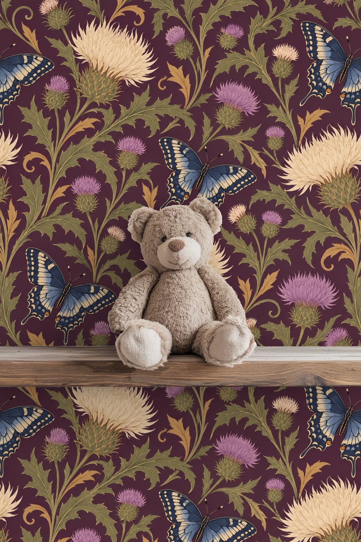 Full wallpaper repeat showing the large scale thistle and butterfly composition