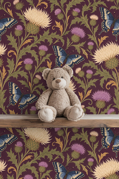 Full wallpaper repeat showing the large scale thistle and butterfly composition