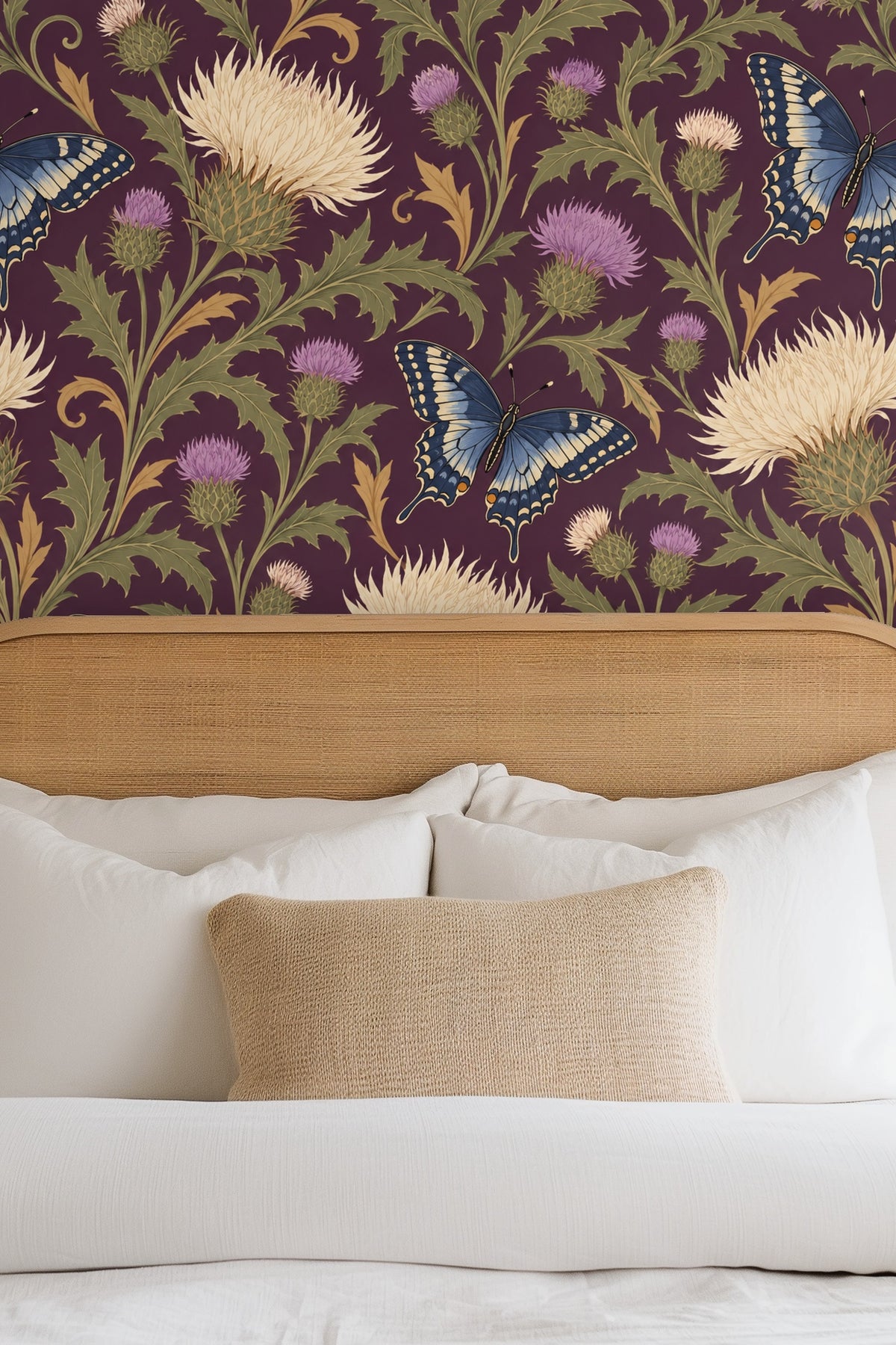 Living room with orange sofa and vintage rug featuring a wall covered in Thistle & Swallowtail wallpaper