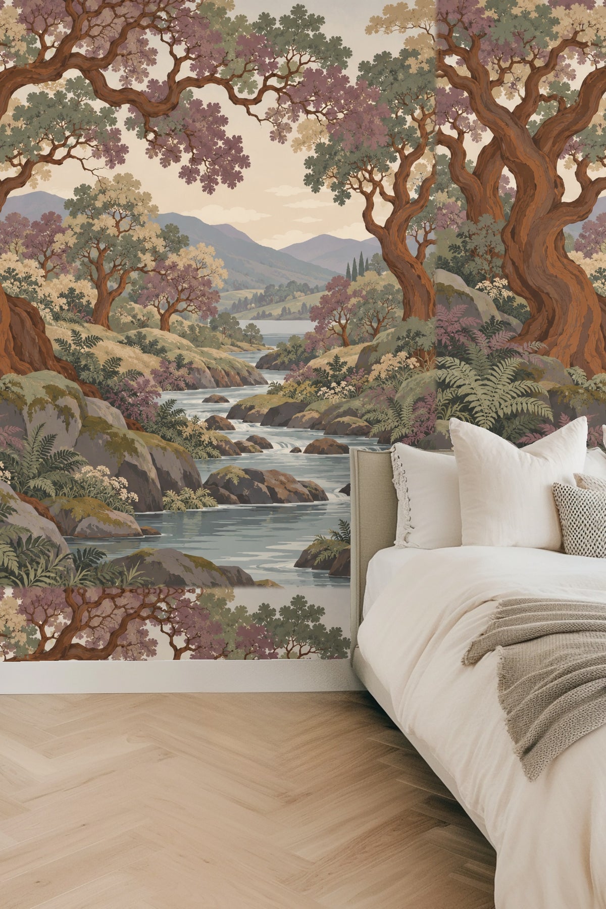 Section of wallpaper highlighting rocks and river flowing through wooded landscape.