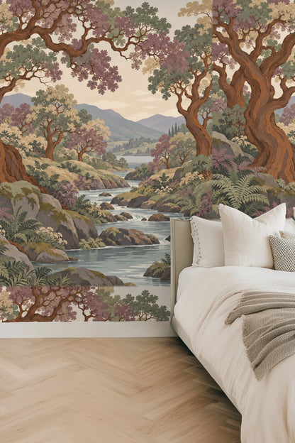 Section of wallpaper highlighting rocks and river flowing through wooded landscape.