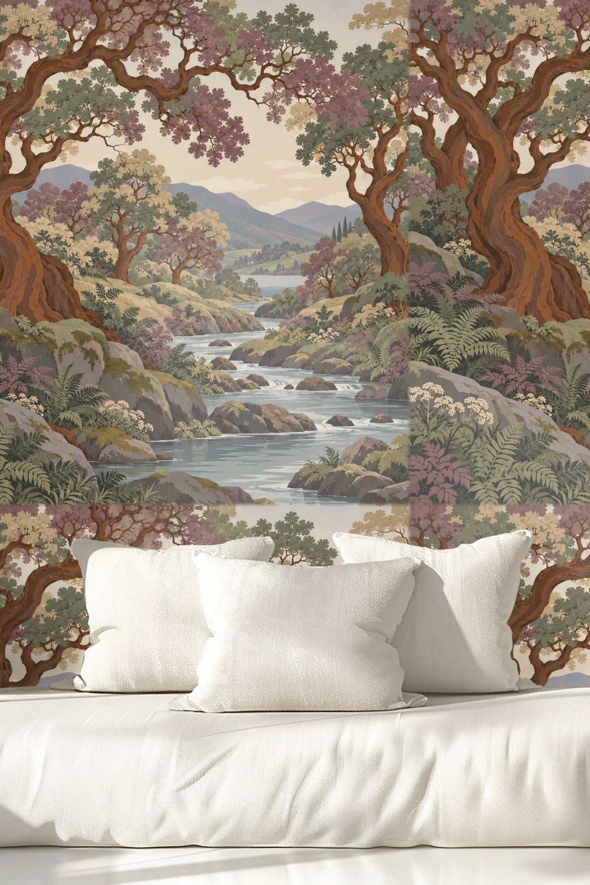 Muted mountain hills and cloudy sky in the backdrop of the woodland wallpaper scene.
