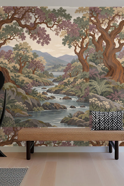 Close-up of wallpaper detail showing textured bark and layered foliage in muted mauve and green hues.