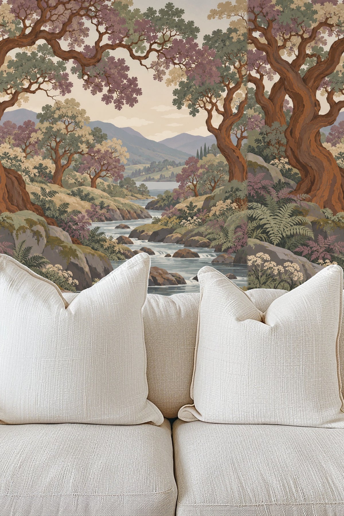 Wallpaper pattern featuring ferns, mossy rocks, and flowering plants beneath large copper trees.