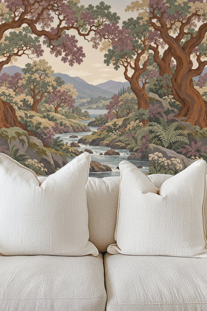 Wallpaper pattern featuring ferns, mossy rocks, and flowering plants beneath large copper trees.