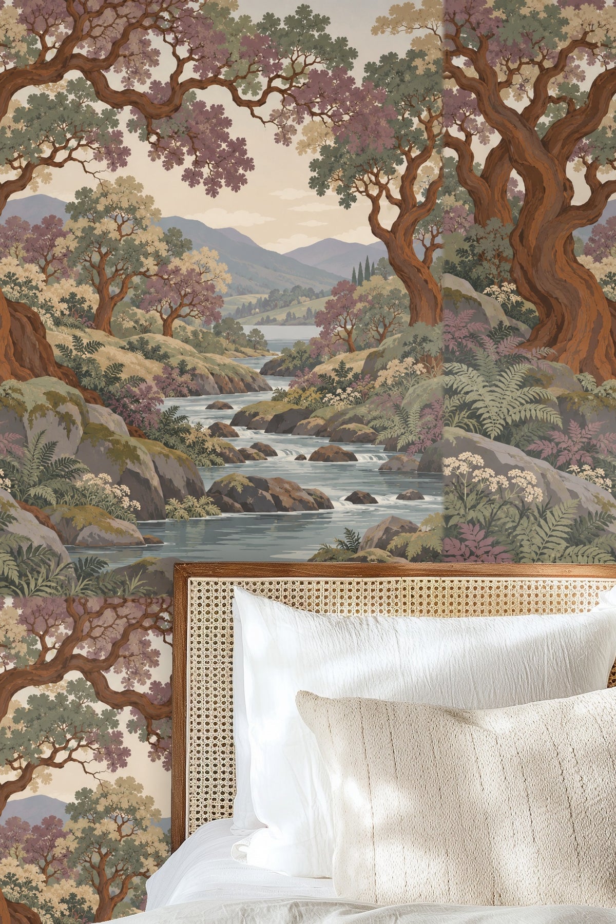 Illustrated wallpaper design showing a wooded river landscape with large twisting copper bark trees.