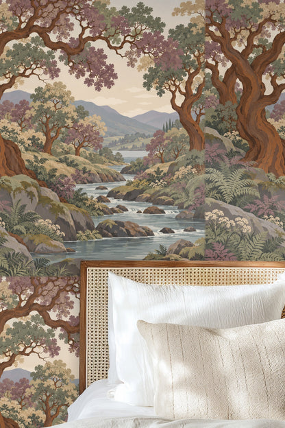 Illustrated wallpaper design showing a wooded river landscape with large twisting copper bark trees.