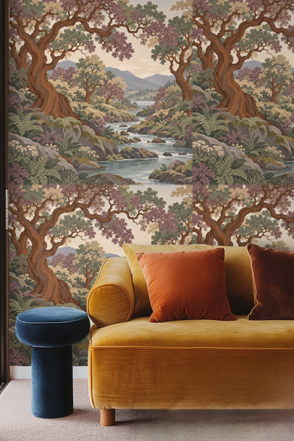 Twisted tree trunks framing a gentle stream as depicted on the wallpaper design.