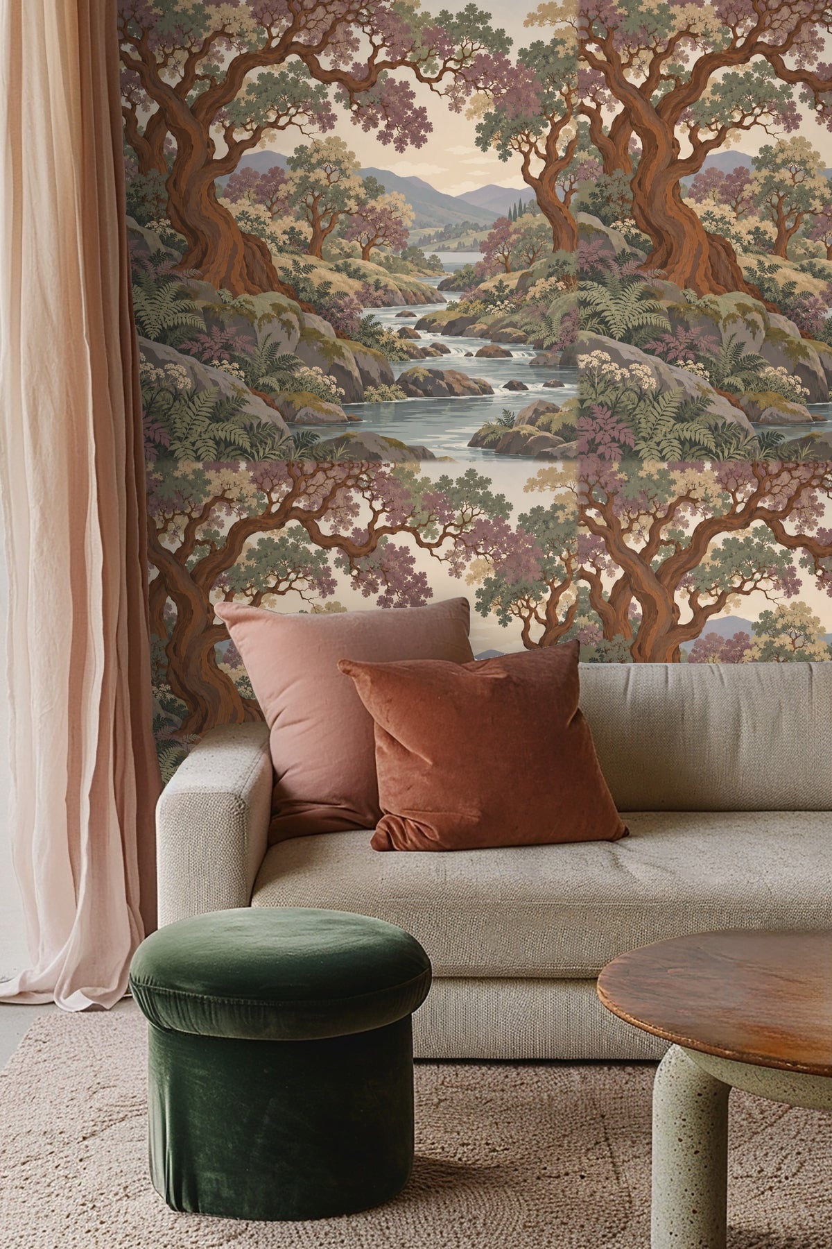 Wallpaper application behind a bed with rattan headboard displaying twisting copper trees and a flowing river scenery.