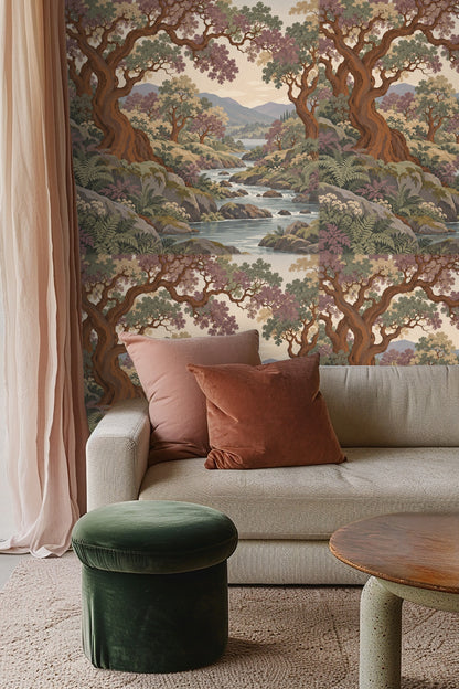 Wallpaper application behind a bed with rattan headboard displaying twisting copper trees and a flowing river scenery.