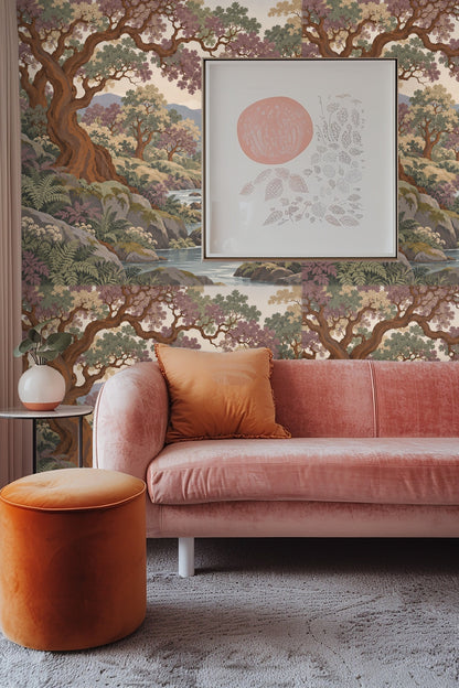 Close view of delicate wildflowers and shrubs in the wallpaper's woodland river scene.