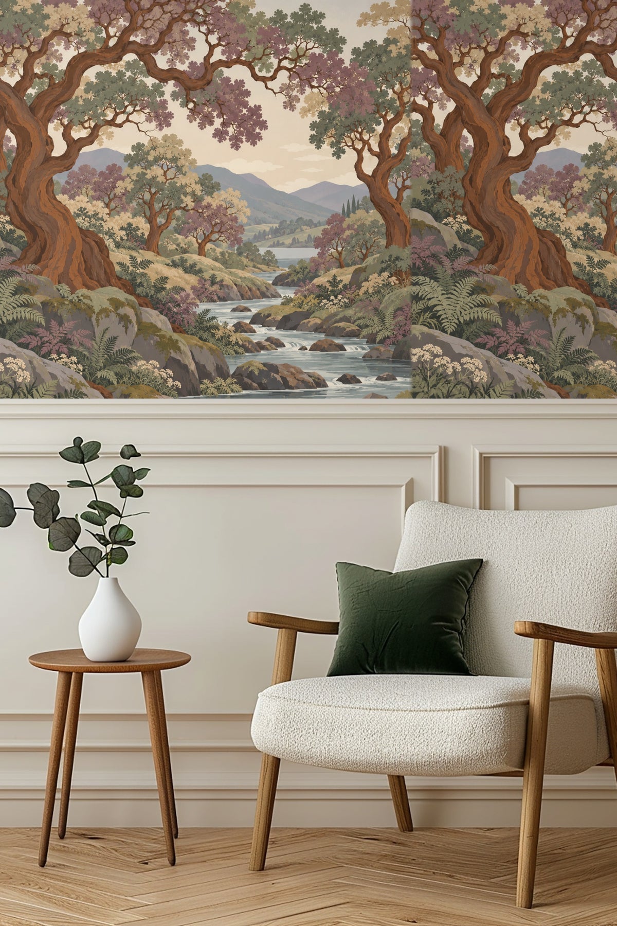 Textured foliage detail with overlapping leaves in mauve and green on wallpaper.