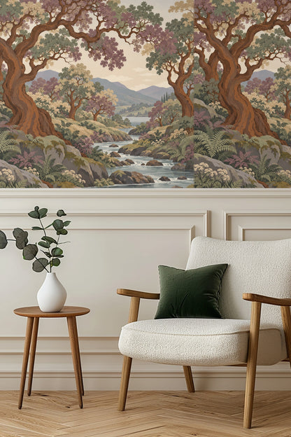 Textured foliage detail with overlapping leaves in mauve and green on wallpaper.
