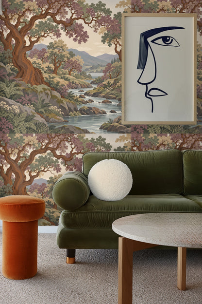 Wide view of wallpaper showing repeating pattern of river moving through rocky forest.