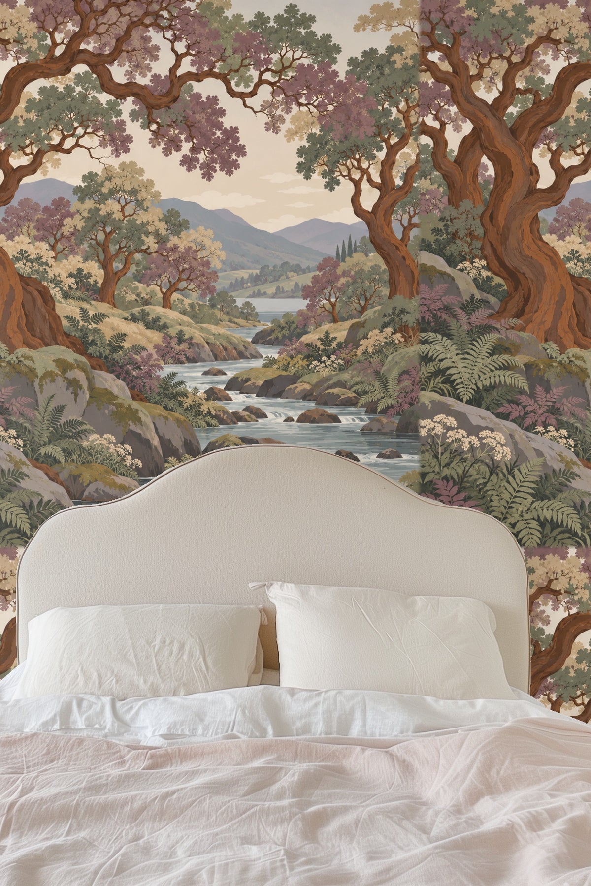 Relaxing living room corner with copperwood wallpaper and pinkish rust pillows.