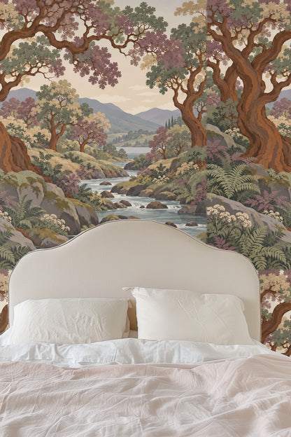 Relaxing living room corner with copperwood wallpaper and pinkish rust pillows.