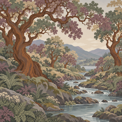 Wallpaper mural portraying a painterly natural scene with muted tones and intricate branch patterns.
