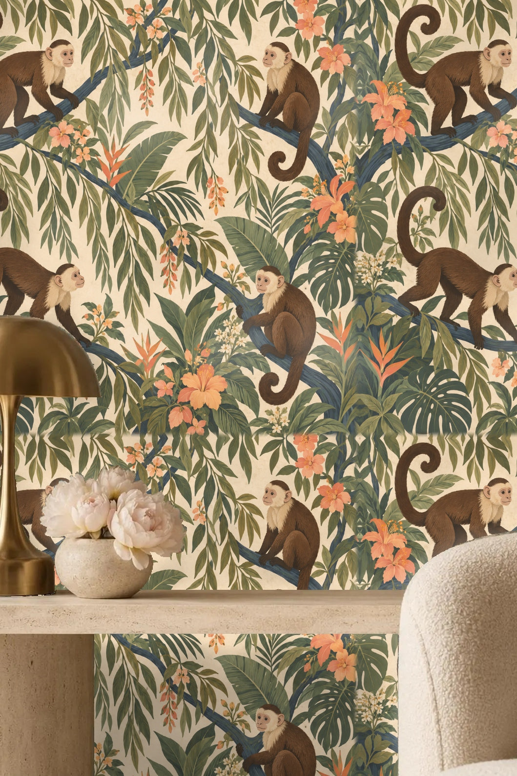 Tropical botanical composition featuring diverse leaf shapes like monstera and banana leaves in soft green shades