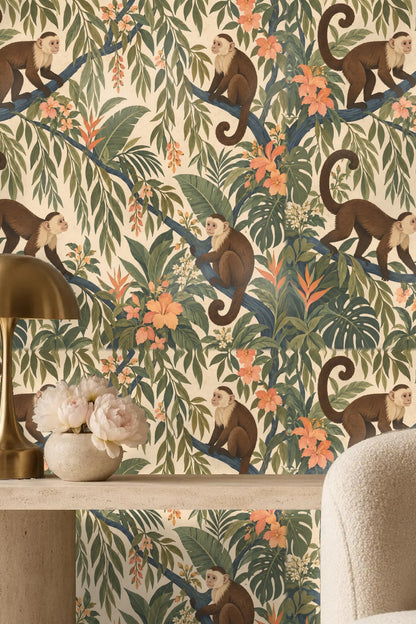 Tropical botanical composition featuring diverse leaf shapes like monstera and banana leaves in soft green shades
