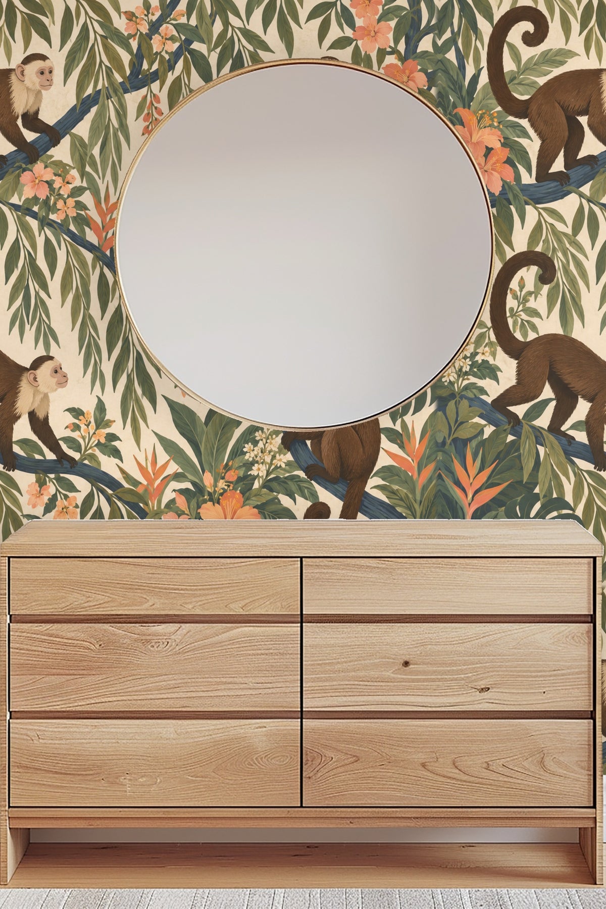 Dynamic wallpaper scene showing four monkeys positioned on intertwined branches with balanced floral elements