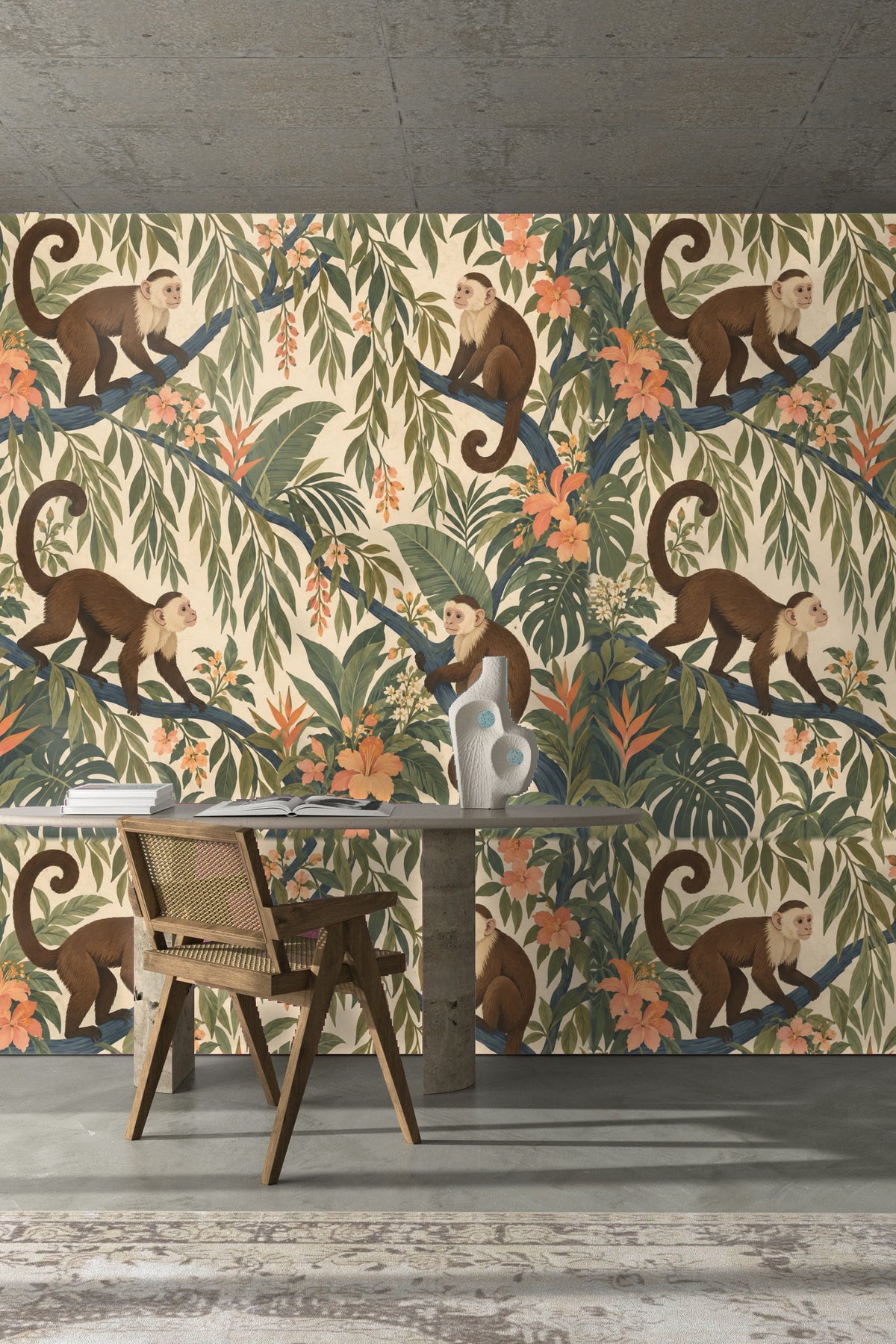 Arrangement of trailing vine leaves and peach-colored flowers creating a soft natural rhythm on wallpaper