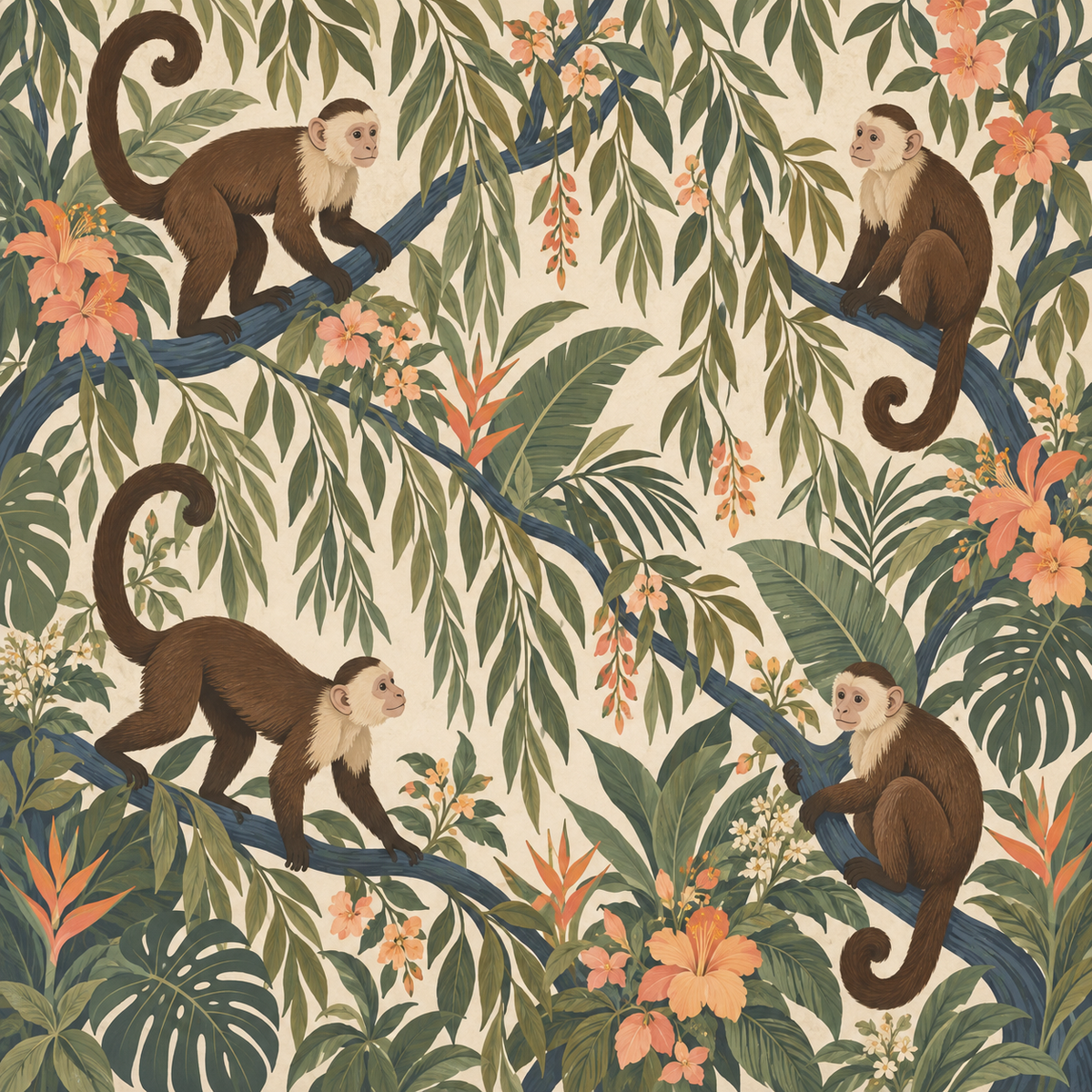 Wallpaper motif emphasizing the warm cream background setting off detailed botanical and monkey imagery