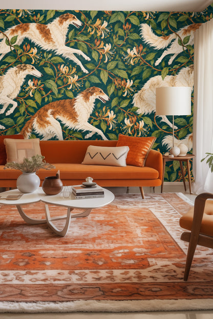 Wallpaper pattern showing detailed sighthounds frolicking amongst honeysuckle vines with green leaves and yellow flowers on a deep teal base