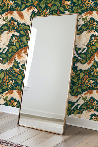 Repeating pattern of honeysuckle buds and flowers with green foliage on dark teal wallpaper