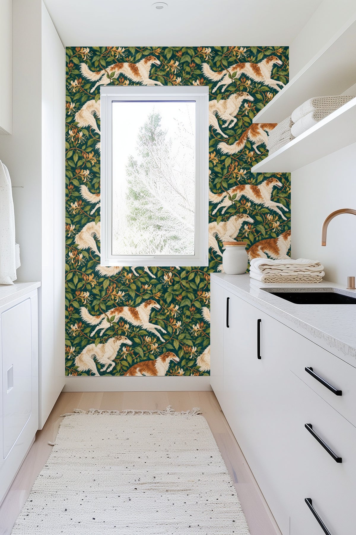 Detailed rendering of a sighthound in motion with white and reddish fur on botanical teal wallpaper