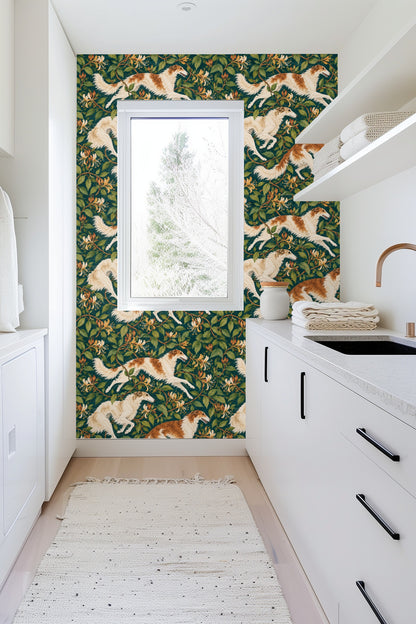 Detailed rendering of a sighthound in motion with white and reddish fur on botanical teal wallpaper