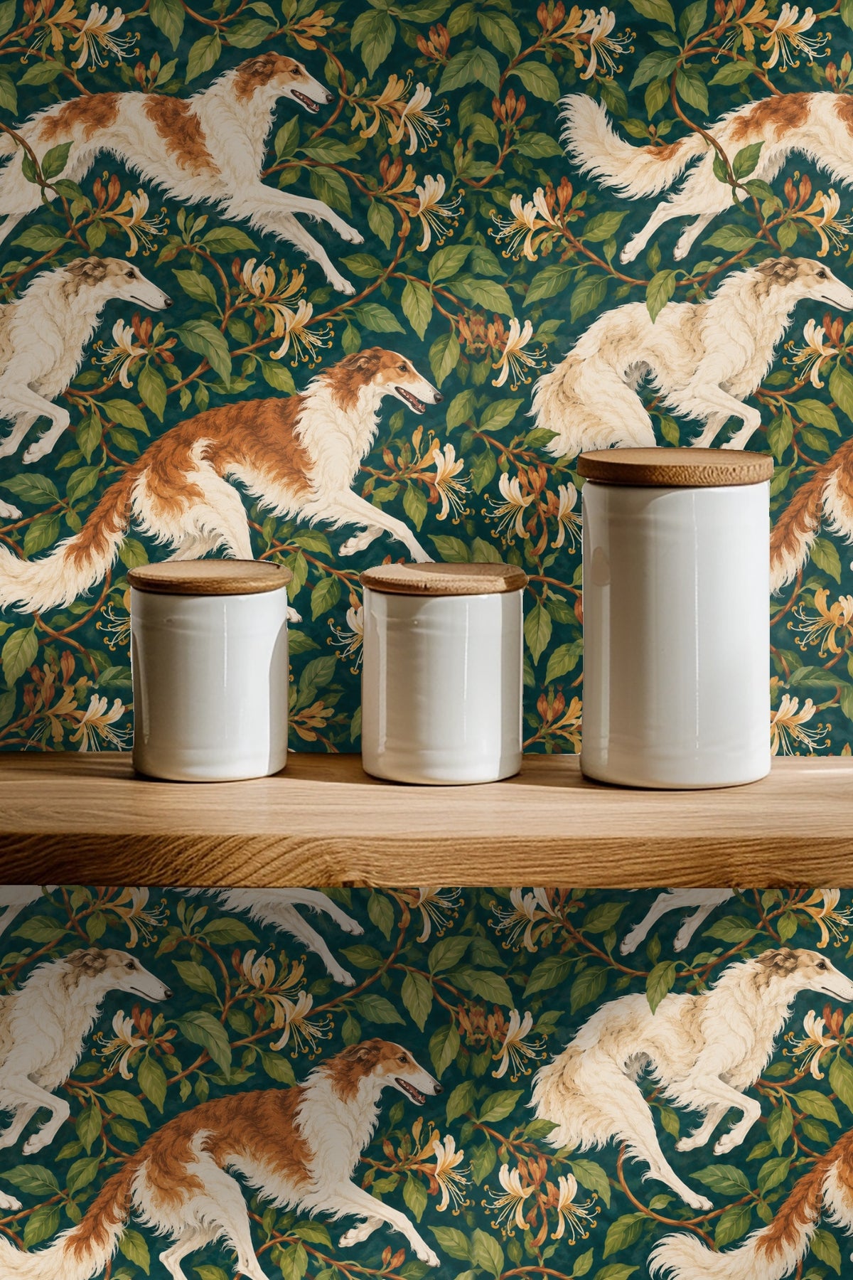 Transparent view of wallpaper repeat showing floral and canine elements aligned