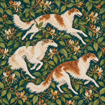 Overall wallpaper roll showcasing naturalistic sighthound and honeysuckle design against teal
