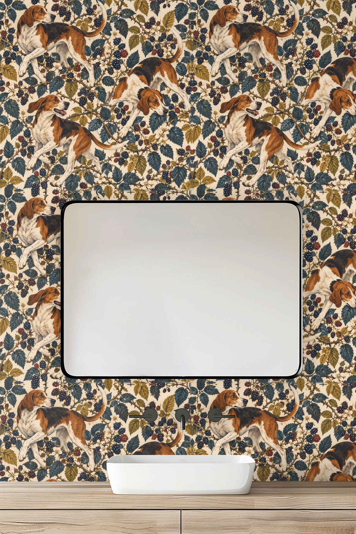 Foxhound Blackberry wallpaper viewed from living room with natural wood and white couch
