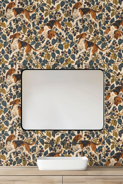 Foxhound Blackberry wallpaper viewed from living room with natural wood and white couch