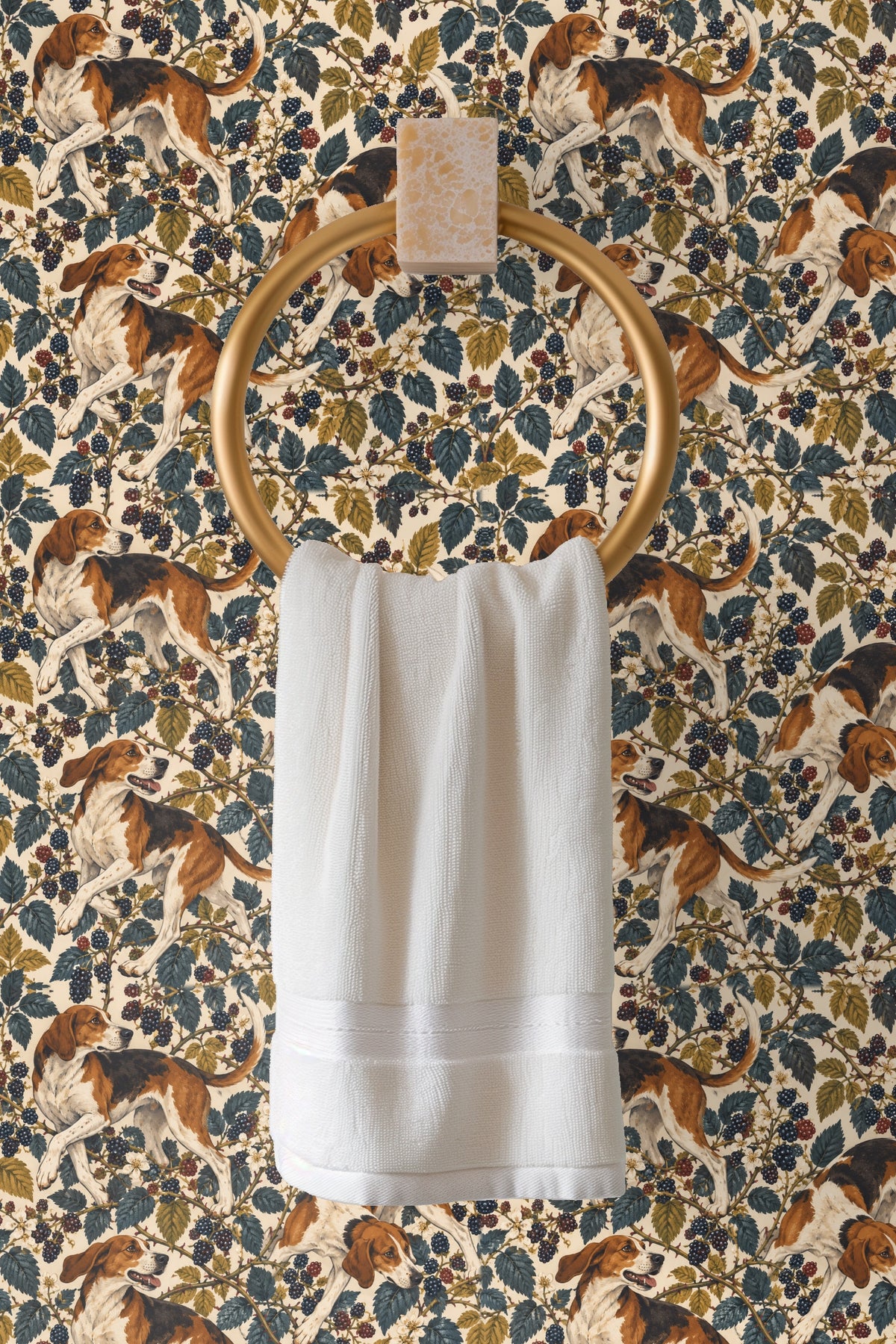 Textural detail of foxhound fur and blackberry cluster in wallpaper