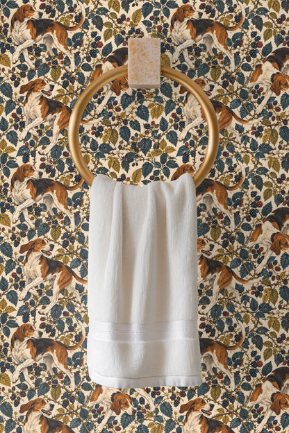 Textural detail of foxhound fur and blackberry cluster in wallpaper