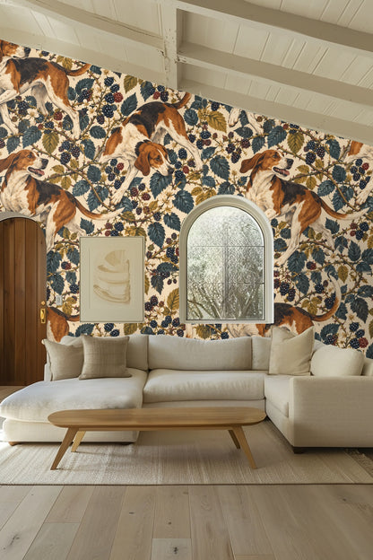 Sleeping area where wallpaper creates cozy, nature-themed backdrop