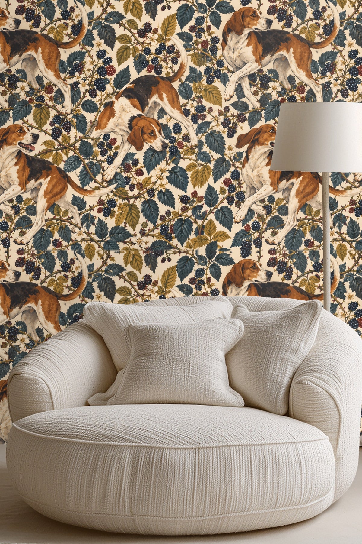 Wallpaper from a corner perspective showing scale above cream sofa cushions