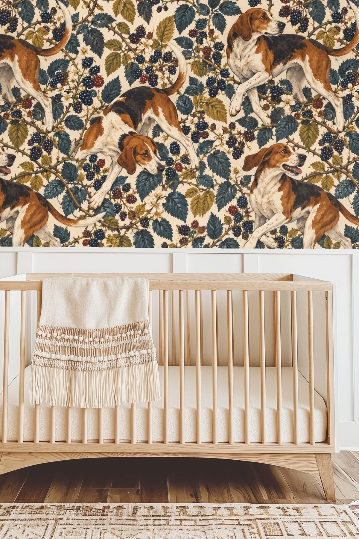 Close-up of white blackberry flowers and dark berries in wallpaper pattern