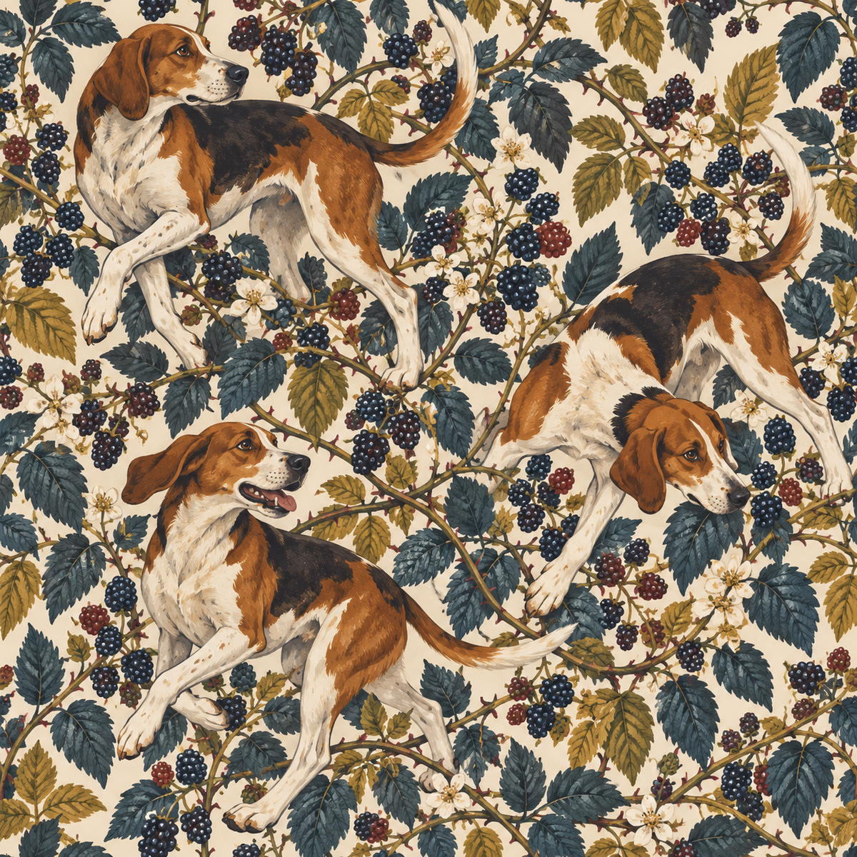 Overall pattern density and composition highlighting botanical and animal elements