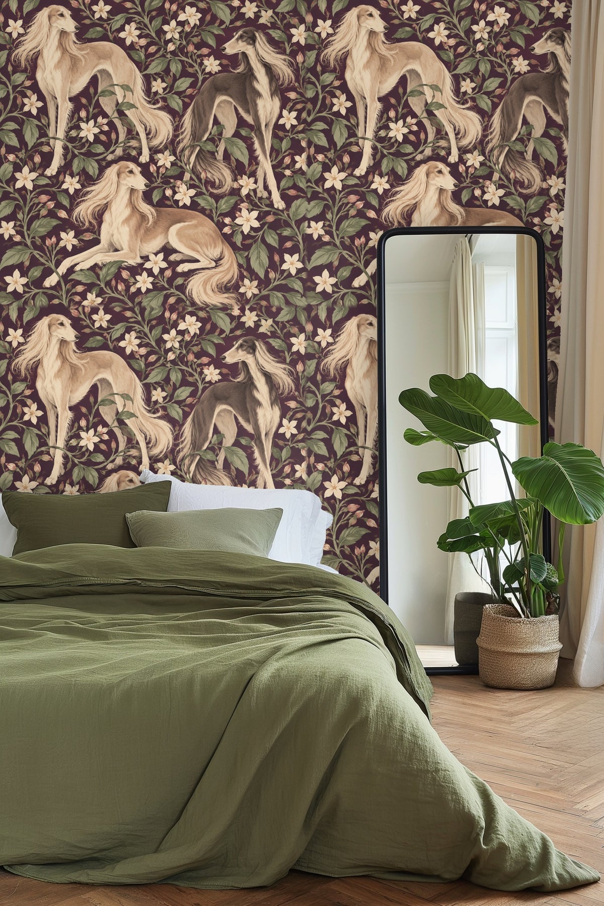 Soft painterly texture of wallpaper showing floral and animal elements in muted palette.