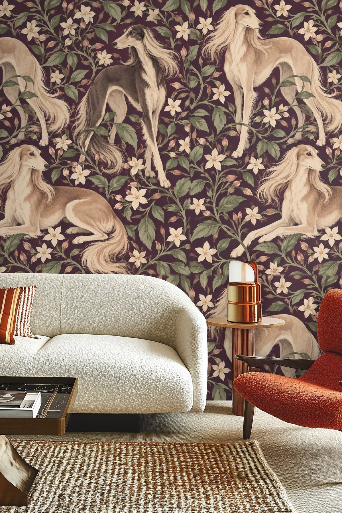 Wallpaper artwork showing three elegant Saluki dogs with flowing fur among jasmine flowers on a plum background.