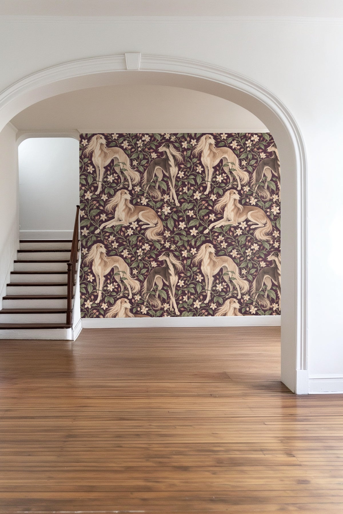 Detail of Saluki Jasmine wallpaper with beige and dark Saluki dogs and delicate flowers.