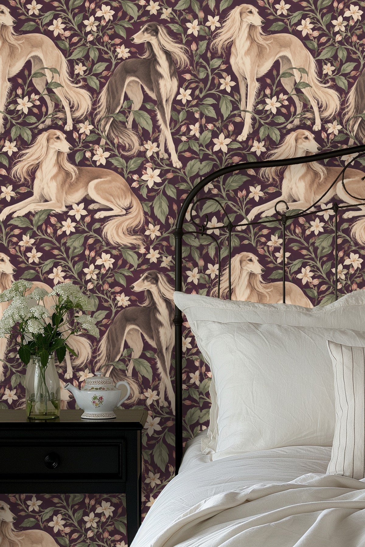 Saluki Jasmine wallpaper in a boho-style living room with a white sofa and warm-toned chair.