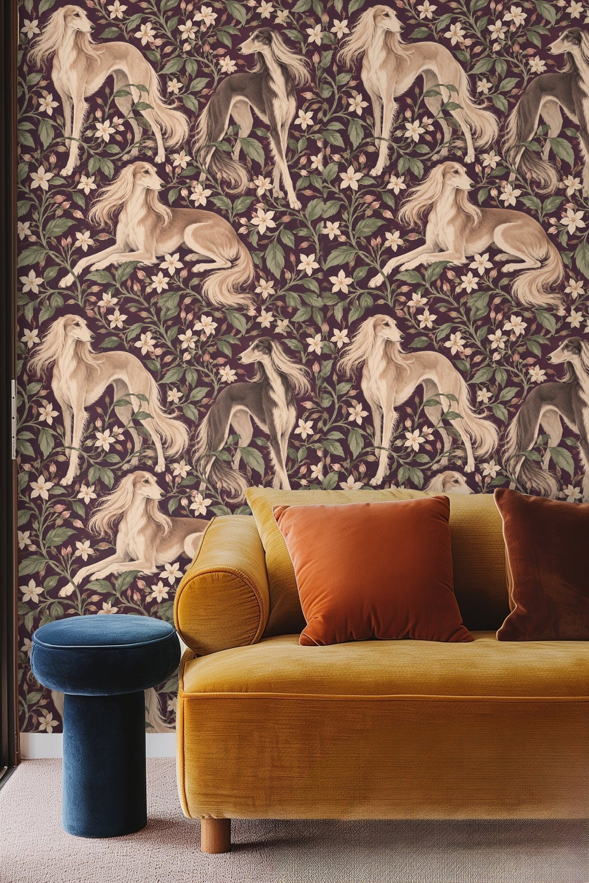 Bedroom view featuring black bed frame against dark plum floral wallpaper with Saluki dogs.